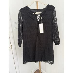 Little White Lies Black Eyelet Long Sleeve Dress With Lace Up & Tassels SZ S NEW